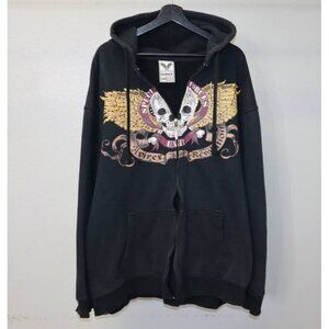 Vtg Y2K Avirex 2XB Black Hoodie Winged Skull Zip Streetwear Distressed Rare